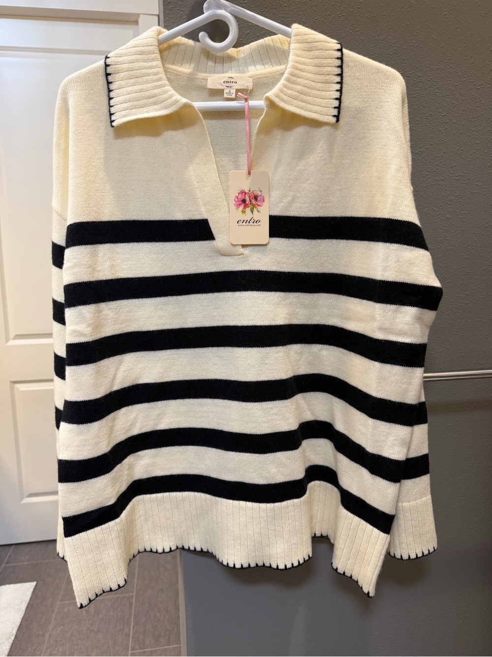 NWT- entro Cream and Black Striped V-Neck Polo Sweater